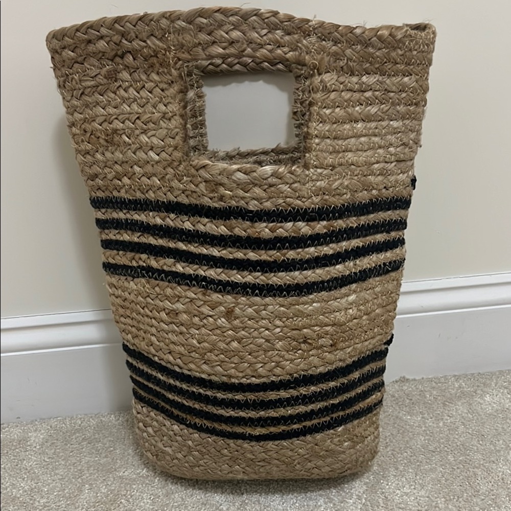 Woven Straw Tote with Black Stripes